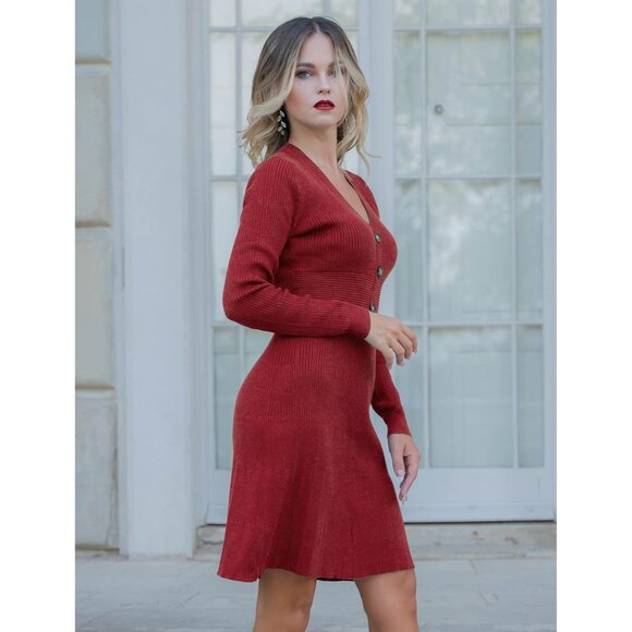 Women's Ribbed Knit Midi Sweater Dress V-Neck Pleated A-Line Fitted - Picture 9 of 9